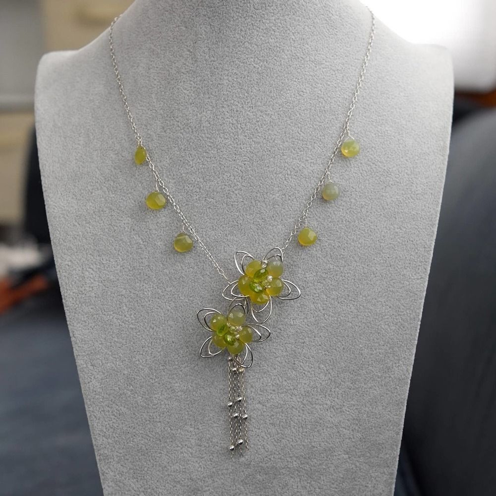 Hand Wrought Sterling Silver Flower Tassel Necklace Green Faceted Beads  Pearls